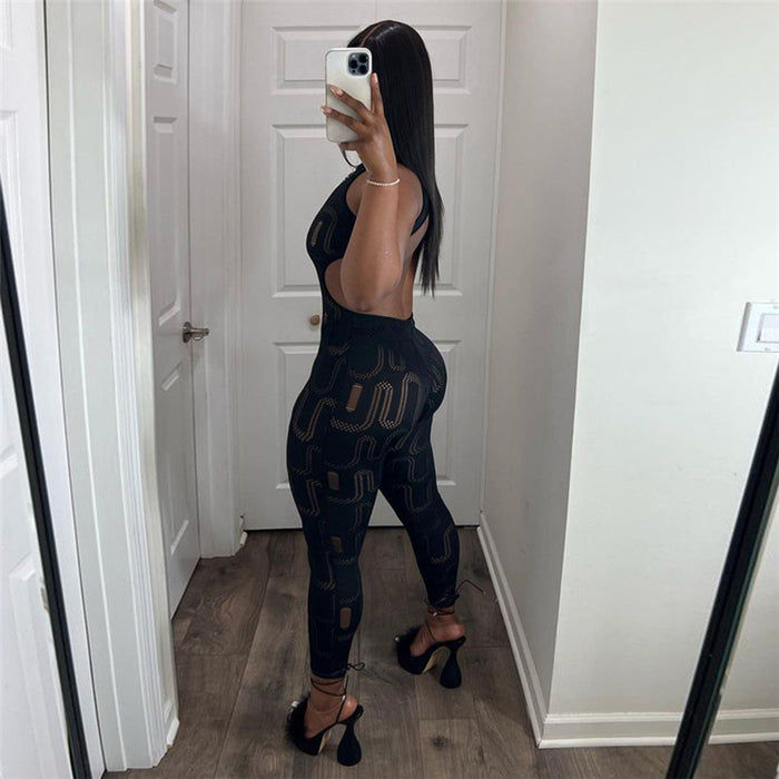 Color-Summer Women Sleeveless Hollow Out Cutout Slim High Top Sports One Piece Trousers-Fancey Boutique