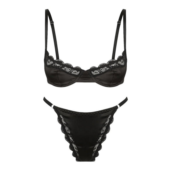 Color-Black-Sexy Underwear Women Stretch Satin Satin Satin Lace Edge Bra Set-Fancey Boutique