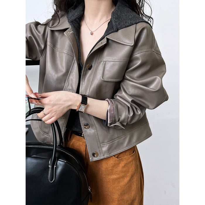 Color-Fashionable Fine Elegant Brown Profile Faux Leather Coat Women Fall Lapels Motorcycle Short Jacket Coat-Fancey Boutique