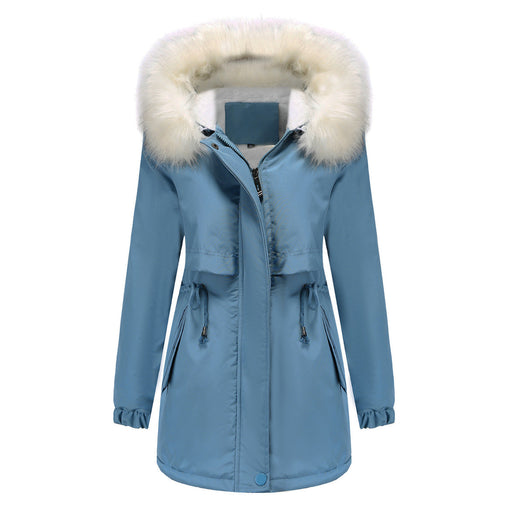 Color-skyblue-Women Winter Velvet Cotton Clothes Women Hooded Detachable Fur Collar Long Sleeve Parka-Fancey Boutique