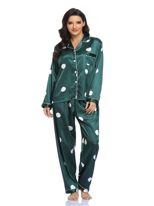 Color-Green Wave Point-Home Wear Suit Pajamas Women Satin Cardigan Long Sleeve Long Sleeve Autumn-Fancey Boutique