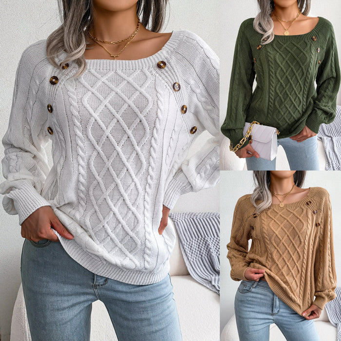 Color-Autumn Winter Casual Square Collar Clinch Twist Knitted Pullover Sweater Women Clothing-Fancey Boutique