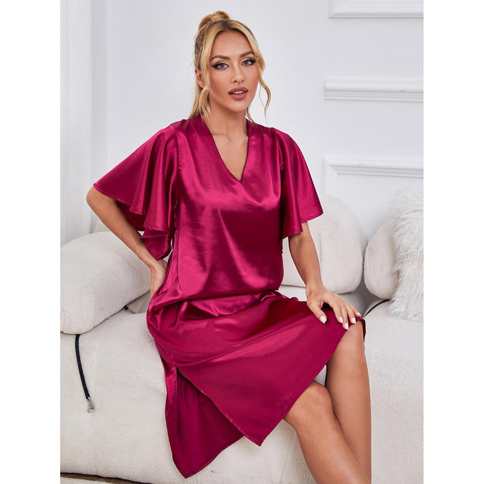 Color-Red-Pajamas Women Silk like High Grade Home Wear Ice Silk Satin Nightdress Women Summer-Fancey Boutique