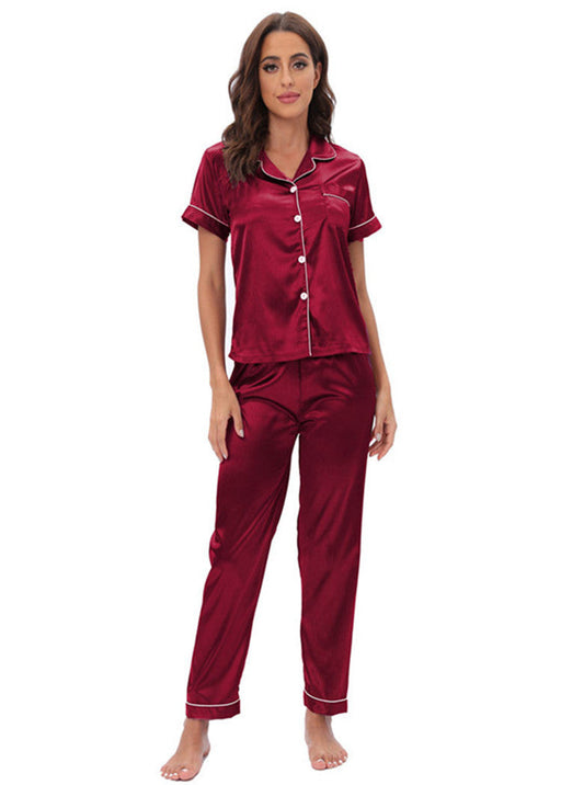 Color-Red-Satin Suit Two Piece Home Wear Pajamas Women-Fancey Boutique