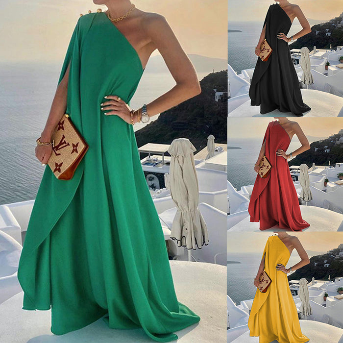 Color-Summer Women Clothing Graceful Fashionable Solid Color French Loose One-Shoulder Maxi Dress-Fancey Boutique