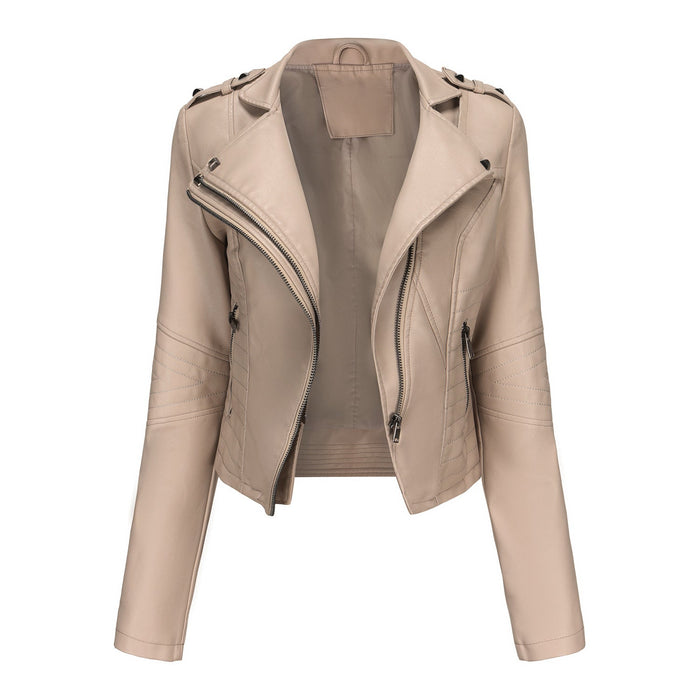 Color-Ivory-Slim Fit Long Sleeved Spring Autumn Leather Jacket Women Rivet Popular Short Jacket Zipper Leather Jacket-Fancey Boutique