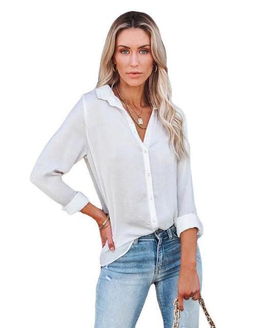 Color-White-Women Clothing Autumn Winter Casual Loose Long Sleeve Buckle V neck Shirt Top-Fancey Boutique