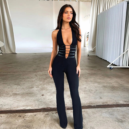 Color-Fall Women Clothing Jumpsuit Sexy Hollow Out Cutout Slim Deep V Plunge Sexy Backless Jumpsuit-Fancey Boutique