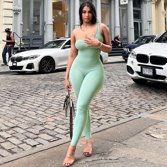 Color-Spring Women Clothing Solid Color One Shoulder Slim Fit Hip Raise Sports Fitness Jumpsuit Women-Fancey Boutique