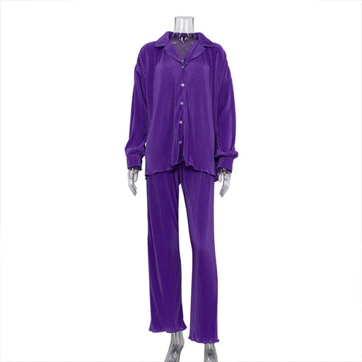 Color-Purple-Long Sleeve Collared Pleated Shirt Women Wide Leg Mopping Drape Pleated Trousers Suit-Fancey Boutique