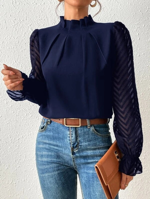 Color-Women Clothing Autumn Winter Half Turtleneck Stitching Wave Pattern Chiffon Long Sleeve Top Women-Fancey Boutique