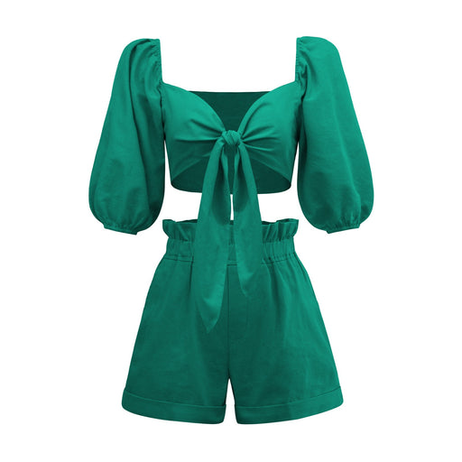 Color-Green-Spring Summer Solid Color Sexy Cotton Cardigan Top Pocket Shorts Casual Suit-Fancey Boutique