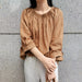 Color-Caramel-Linen Three Quarter Sleeve Shirt Top Early Autumn Japanese Loose Plus Size Organ Pleated Design Niche Cotton Linen T shirt-Fancey Boutique
