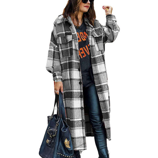 Color-Gray-Autumn Winter Long Trench Coat Side Slit Collared Slim Women Woolen Plaid Coat-Fancey Boutique