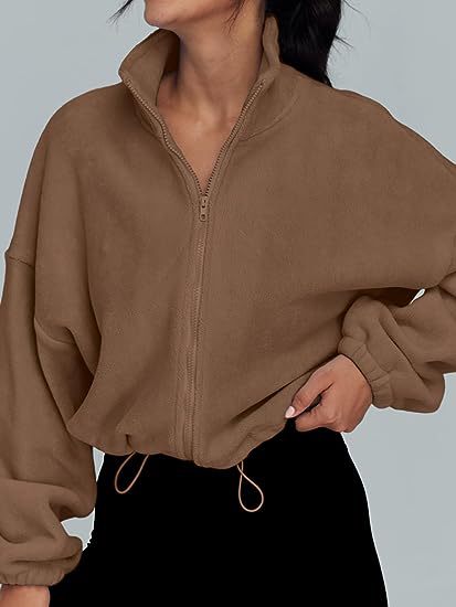 Color-Brown-Women Clothing Polar Fleece Sports Jacket Velvet Stand Collar Zipper Jacket-Fancey Boutique