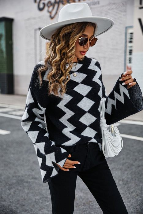 Color-Autumn Winter Diamond Plaid Stitching Knitwear Sweater-Fancey Boutique