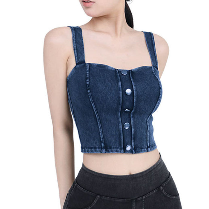 Color-Women Faux Denim Workout Yoga Vest High Elastic U Shaped Strap With Chest Pad Slimming Metal Buckle Sling Sports Casual Top-Fancey Boutique