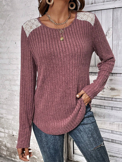 Color-Red-Women Clothing T Shirt Autumn Winter Round Neck Sunken Stripe Brushed Lace Long Sleeved Top Women-Fancey Boutique