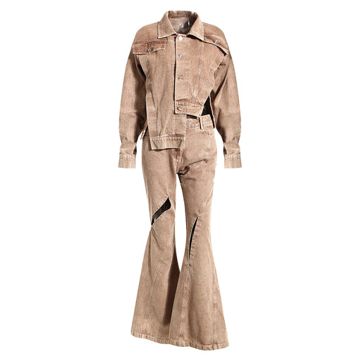 Color-Brown Coat-Niche Design Denim Set Autumn Asymmetric Split Hollow Out Cutout Denim Short Jacket Bell Bottom Pants Two Piece Set-Fancey Boutique