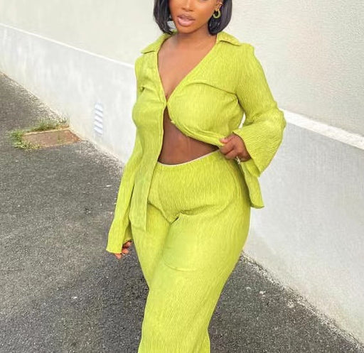 Color-Yellow-Pleated Long Sleeve Set Women Clothing Shirt Wide Leg Pants Casual Two Piece Set Autumn-Fancey Boutique