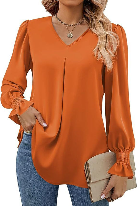 Color-Orange-Women Clothing Autumn Winter Solid Color Chiffon Shirt V Neck Pullover Horn Long Sleeve Top Shirt-Fancey Boutique