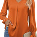Color-Orange-Women Clothing Autumn Winter Solid Color Chiffon Shirt V Neck Pullover Horn Long Sleeve Top Shirt-Fancey Boutique