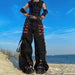 Color-Retro Dark Cool Chic Ribbon Eyelet Chain Casual Pants Contrast Color Striped Mesh Stitching Wide Leg Pants-Fancey Boutique