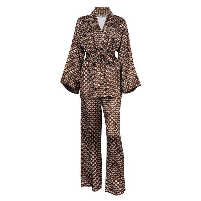 Color-Brown-Spring Summer Wear Satin Satin Satin Pajamas Cardigan Lace Printing Loose Outfit Homewear-Fancey Boutique