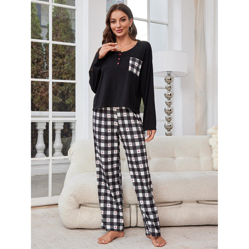 Color-Pajamas Women Spring Autumn Plaid Long Sleeve Cardigan Homewear Two Piece Set-Fancey Boutique