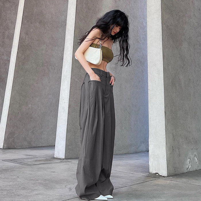 Color-Distressed Gray Woven Straight Leg Pants Women Sexy High Waist Loose Slim Fit Draping Ribbon Trousers-Fancey Boutique