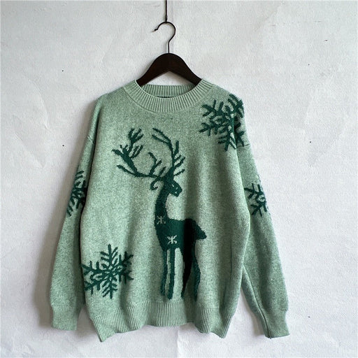 Color-Green-Autumn Winter round Neck Long-Sleeved Christmas Sweater Year Snowflake Deer Jacquard Knitted Pullover-Fancey Boutique