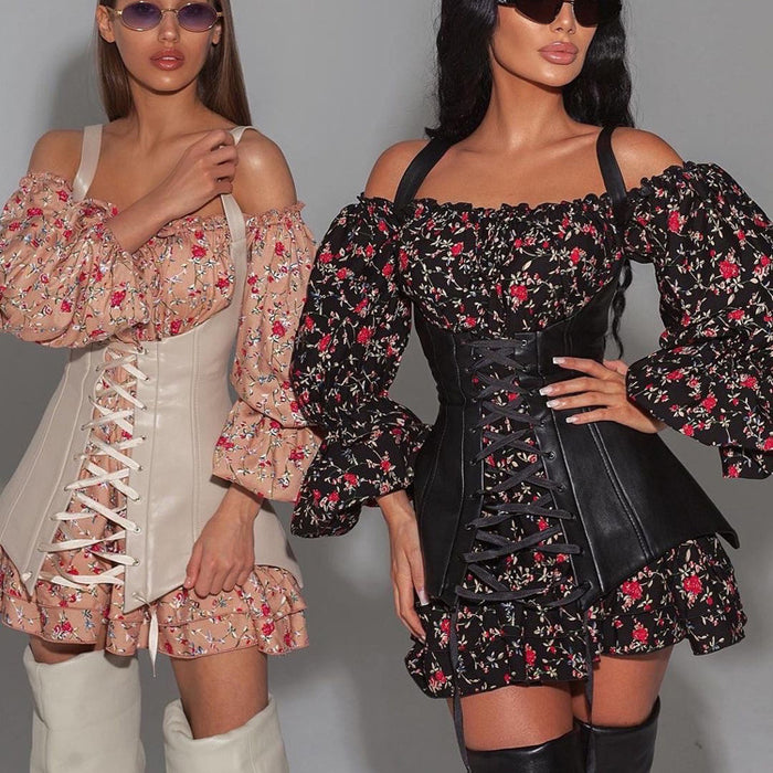 Color-Women Clothing Autumn Long Sleeve Floral Dress with Vest Waist Tight Slimming A line Dress-Fancey Boutique