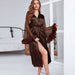 Color-Brown-Spring Summer Feather Sexy Ice Silk Robe Women Cardigan Lace-up Mesh Moisture-Wicking Clothing Home Wear Women-Fancey Boutique