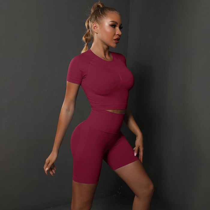 Color-Short Sleeve Shorts Suit-Wine Red-Summer Seamless Peach Hip Solid Color High Elastic Yoga Short Sleeve Shorts Suit Running Sports Fitness Two Piece Suit-Fancey Boutique