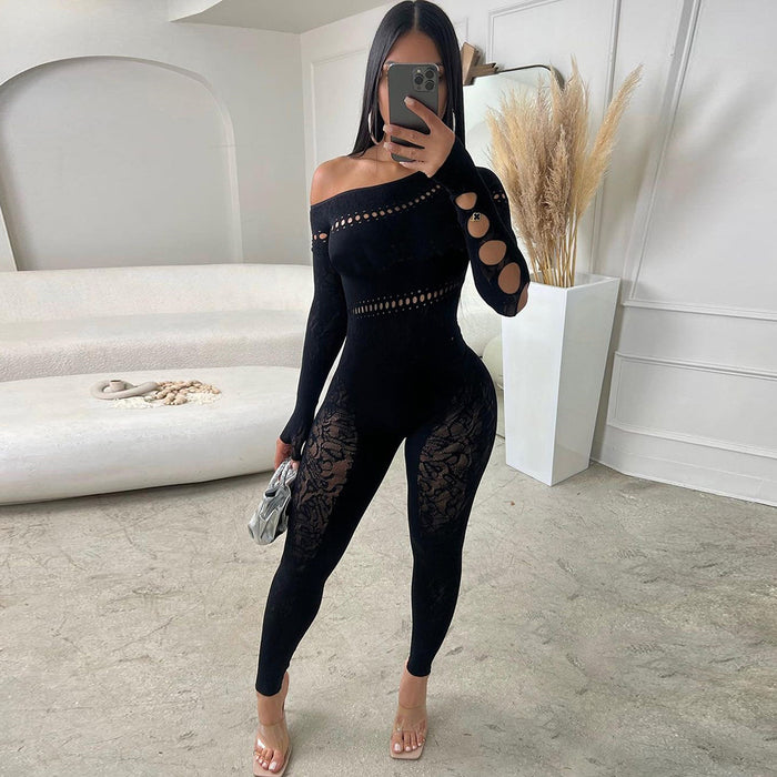 Color-Black-Sexy Sexy Hollow Out Cutout Seamless Knitted Jacquard Integrated High Elastic Jumpsuit Women-Fancey Boutique