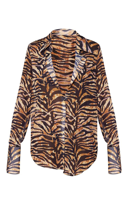 Color-Tiger Stripes Color-Printed Autumn Loose Printed Tiger Pattern Long Sleeve Shirt Drape Vacation Top Shirt for Women-Fancey Boutique