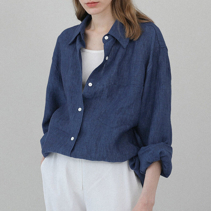 Color-Blue-Early Autumn French Niche Design Pure Linen Shirt Simple Niche Idle Loose Lapels Coat for Women-Fancey Boutique