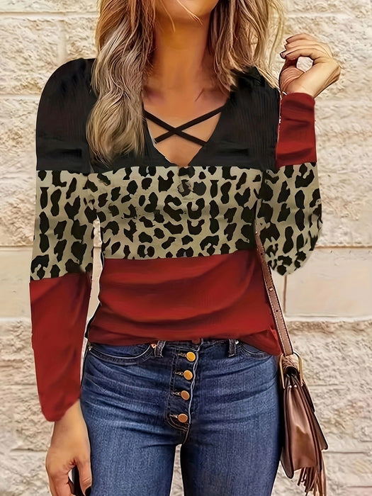 Color-Red-Summer Women Clothing Personality Leopard Splicing V Neck Top Ladies-Fancey Boutique