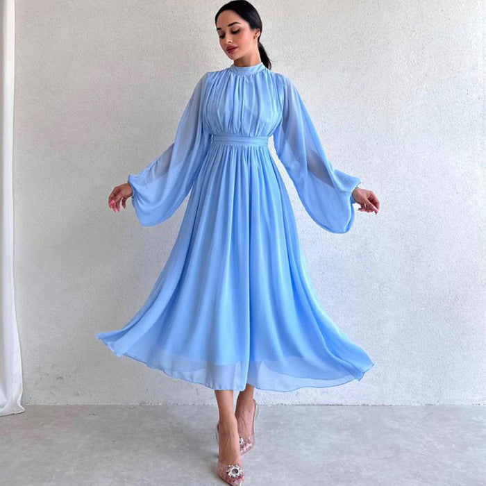 Color-Elegant Half Turtleneck Long Sleeve Zipper Pleated Puffy Medium Long Trousers Fairy Dress Women-Fancey Boutique