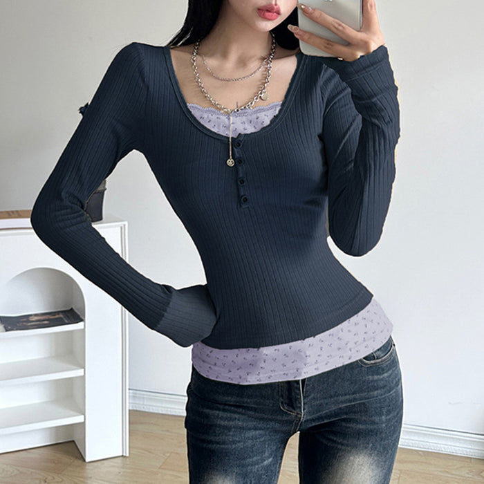 Color-Faux Two Piece Floral Patchwork Base Long Sleeved Knitted Top for Women Winter Slim Fit Slimming All Match round Neck T shirt-Fancey Boutique