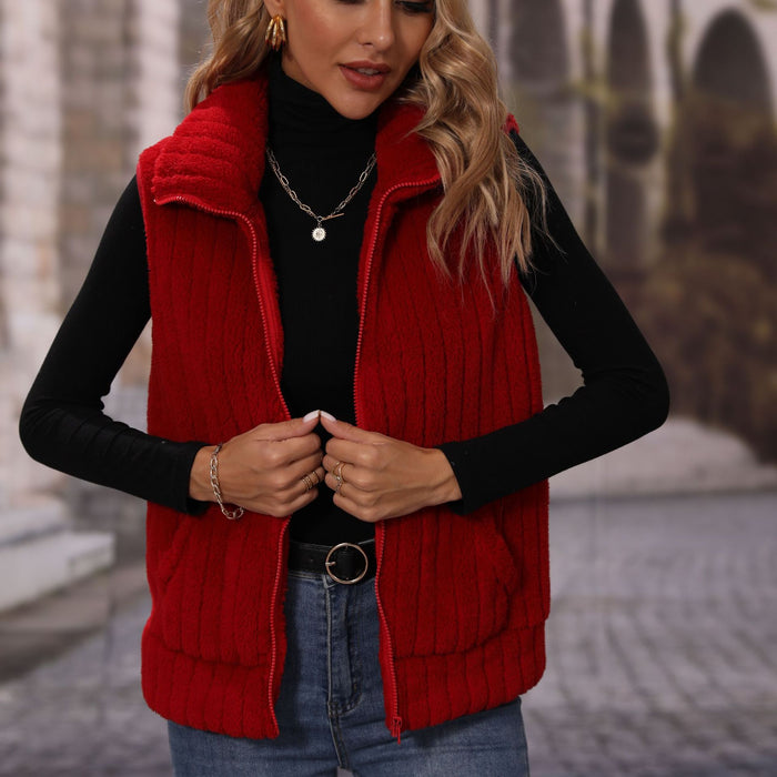 Color-Fall Women Collared Sleeveless Loose Striped Zipper Plush Casual Jacket-Fancey Boutique
