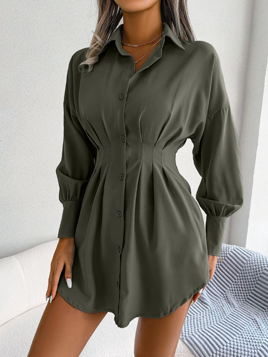 Color-Army Green-Autumn Winter Casual Lantern Sleeve Waist-Tight Asymmetric Dress Shirt Dress Women Clothing-Fancey Boutique