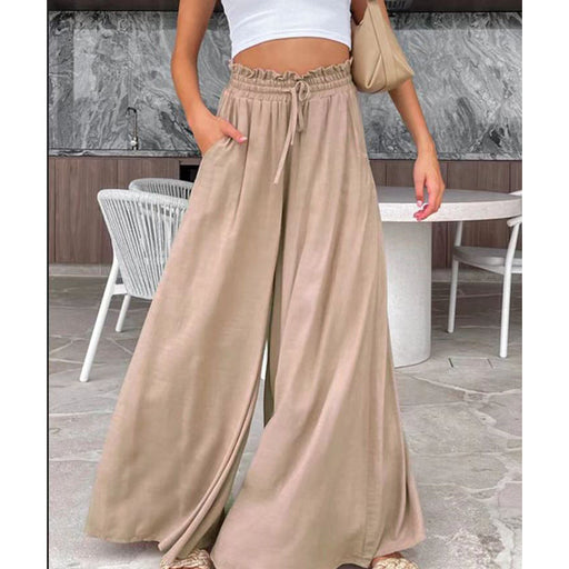 Color-Khaki-Summer Elastic Waist Casual Wide Leg Pants for Women-Fancey Boutique