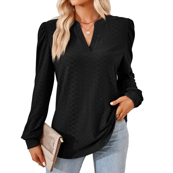 Color-Black-Autumn Winter Solid Color V neck Jacquard Long Sleeve Loose-Fitting T-shirt Top Ladies-Fancey Boutique