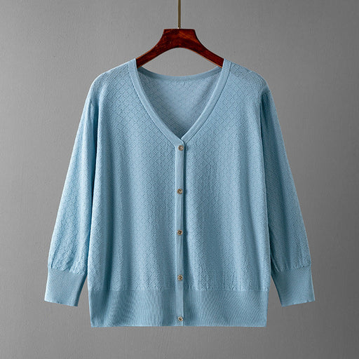 Color-Blue-Ice Silk Cardigan Women Thin Coat Small Waistcoat Outerwear Fashionable Sweater Women-Fancey Boutique