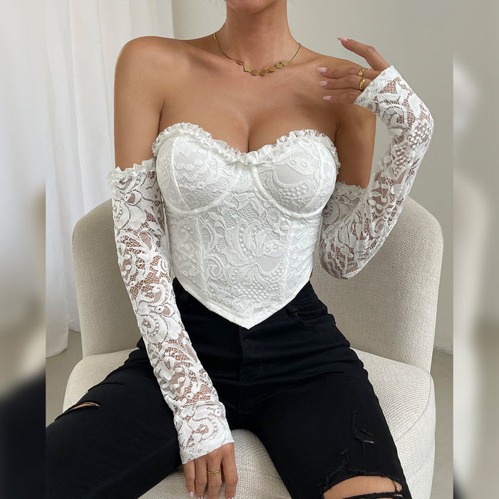 Color-Sexy Lace Steel Ring Boning Corset Diamond Long Sleeve Solid Color Tube Top-Fancey Boutique