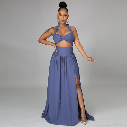 Color-Sexy Halter Short Top with Pleated Half Length Split Dress Women Solid Color Dress-Fancey Boutique