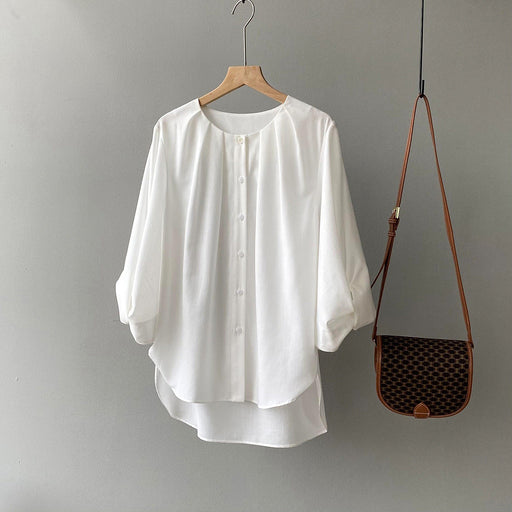 Color-White-White Shirt Women Autumn Korean Simple Loose Design Lantern Sleeve Shirt-Fancey Boutique