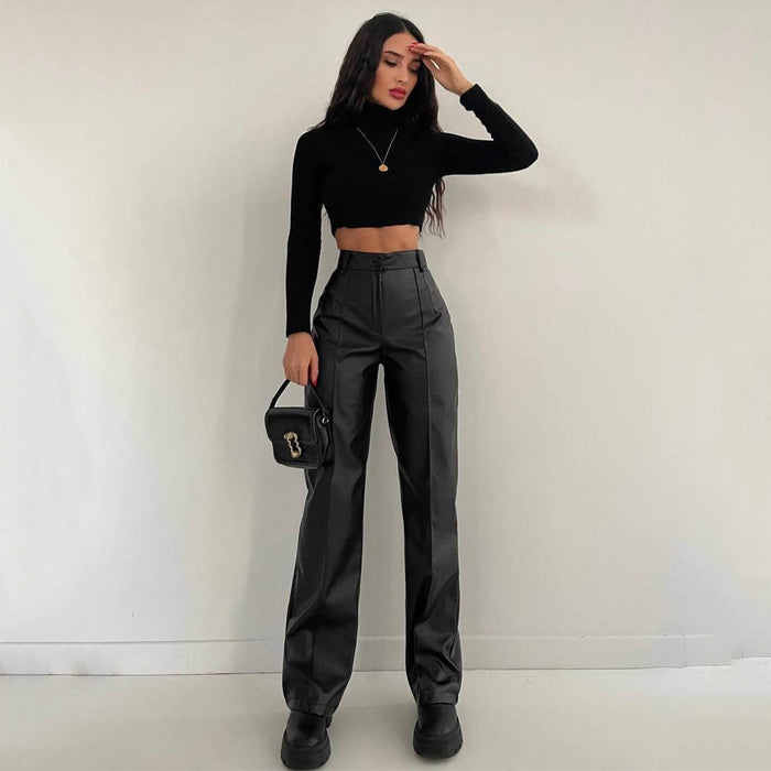 Color-Women Clothing Faux Leather Trousers Autumn Winter Casual Pants Fried Street Cool Straight Leg Pants Figure Flattering Leather Pants Women-Fancey Boutique