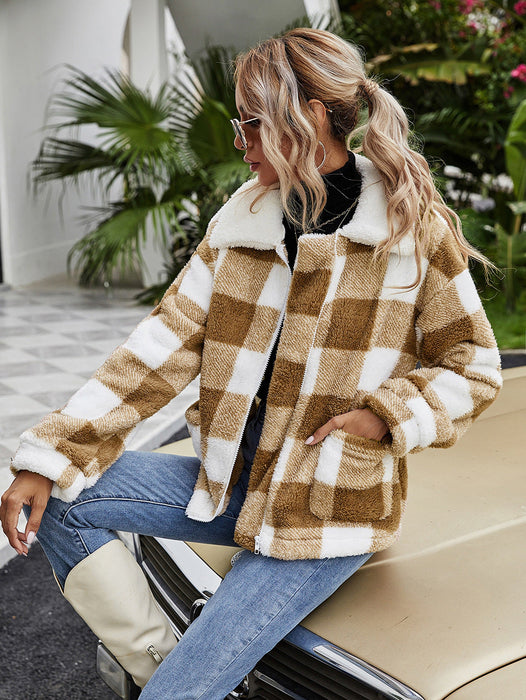 Color-Brown Coffee Plaid-Autumn Winter Zipper Collared Plush Plaid Coat Loose Office Women Outerwear-Fancey Boutique